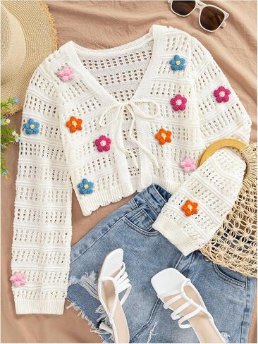 Milumia Women's Y2k Tie Front Sweater Cardigan 3D Flower Crochet Long Sleeve Knitted Crop Tops Going Out in Saudi Arabia