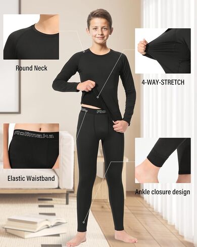 Rolimaka Boys' Thermal Underwear Set Youth kids Fleece Lined Leggings Pants Compression Long Johns Base Layer Top and Bottom in Kuwait
