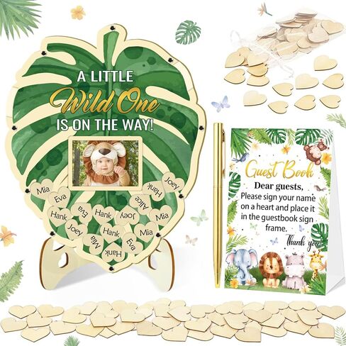 65Pcs Baby in Bloom Baby Shower Decorations Guest Book, Baby Shower Guest Book Alternatives with Pen, Photo Frame, 60 Heart Wood Slices, Baby Sonogram Frame Keepsake for 60 Guests in Kuwait