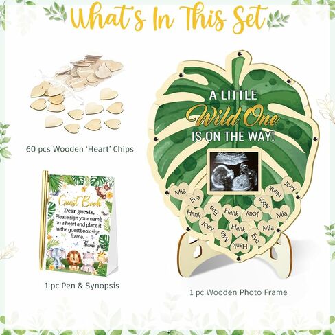 65Pcs Baby in Bloom Baby Shower Decorations Guest Book, Baby Shower Guest Book Alternatives with Pen, Photo Frame, 60 Heart Wood Slices, Baby Sonogram Frame Keepsake for 60 Guests in Kuwait