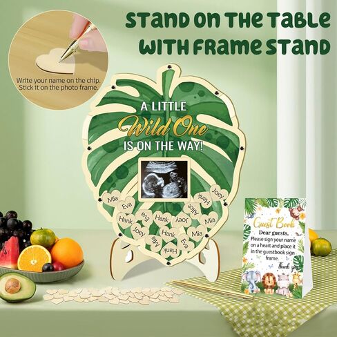 65Pcs Baby in Bloom Baby Shower Decorations Guest Book, Baby Shower Guest Book Alternatives with Pen, Photo Frame, 60 Heart Wood Slices, Baby Sonogram Frame Keepsake for 60 Guests in Kuwait