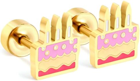 20g Birthday Cake Flat Screw Back Small Stud Earrings for Women Minimalist Cute Stainless Steel Happy Birthday Pink Enamel Piercing Sleeper Tiny Studs Unique Birthday Gift for Daughter Her in Saudi Arabia