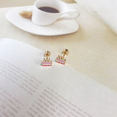 20g Birthday Cake Flat Screw Back Small Stud Earrings for Women Minimalist Cute Stainless Steel Happy Birthday Pink Enamel Piercing Sleeper Tiny Studs Unique Birthday Gift for Daughter Her in Saudi Arabia