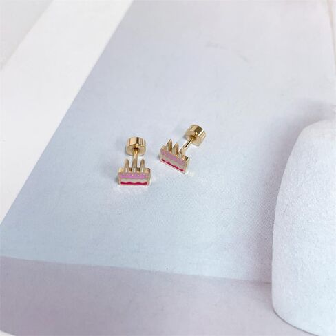 20g Birthday Cake Flat Screw Back Small Stud Earrings for Women Minimalist Cute Stainless Steel Happy Birthday Pink Enamel Piercing Sleeper Tiny Studs Unique Birthday Gift for Daughter Her in Saudi Arabia