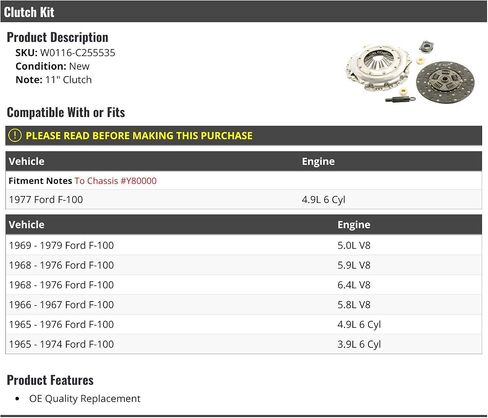 W0116-C255535 Clutch Kit, 11 inch Clutch, Compatible with 1965-1979 Ford F-100 in Saudi Arabia