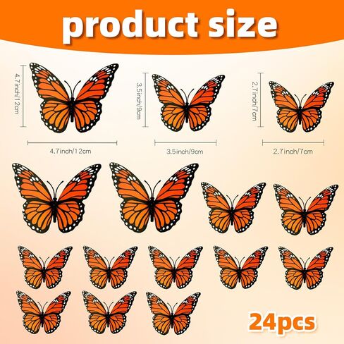 زينة فراشة العاهل، 24 قطعة ديكور حائط على شكل فراشة ثلاثية الأبعاد للهالوين، 3 مقاسات برتقالية فراشات وهمية واقعية للمنزل وغرفة النوم وديكور الزفاف يوم الموتى in Kuwait