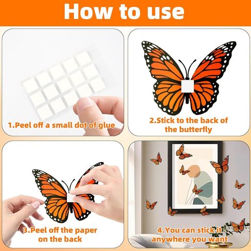 زينة فراشة العاهل، 24 قطعة ديكور حائط على شكل فراشة ثلاثية الأبعاد للهالوين، 3 مقاسات برتقالية فراشات وهمية واقعية للمنزل وغرفة النوم وديكور الزفاف يوم الموتى in Kuwait