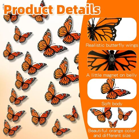 زينة فراشة العاهل، 24 قطعة ديكور حائط على شكل فراشة ثلاثية الأبعاد للهالوين، 3 مقاسات برتقالية فراشات وهمية واقعية للمنزل وغرفة النوم وديكور الزفاف يوم الموتى in Kuwait