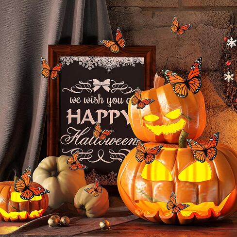 زينة فراشة العاهل، 24 قطعة ديكور حائط على شكل فراشة ثلاثية الأبعاد للهالوين، 3 مقاسات برتقالية فراشات وهمية واقعية للمنزل وغرفة النوم وديكور الزفاف يوم الموتى in Kuwait