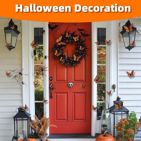 زينة فراشة العاهل، 24 قطعة ديكور حائط على شكل فراشة ثلاثية الأبعاد للهالوين، 3 مقاسات برتقالية فراشات وهمية واقعية للمنزل وغرفة النوم وديكور الزفاف يوم الموتى in Kuwait