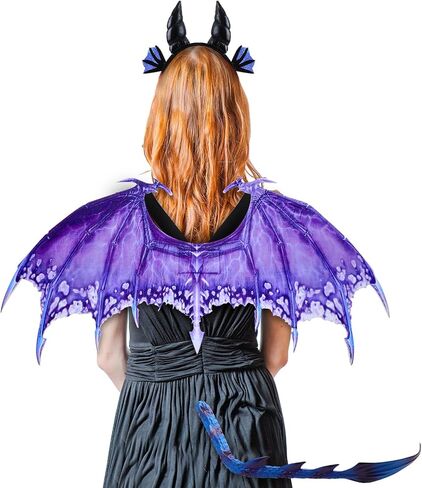 3 Pcs Halloween Dragon Costume Accessories Set Dragon Horns Headband Devil Wings Blue Purple Demon Tail for Halloween Dress Up Supply in Saudi Arabia