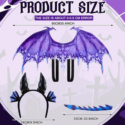 3 Pcs Halloween Dragon Costume Accessories Set Dragon Horns Headband Devil Wings Blue Purple Demon Tail for Halloween Dress Up Supply in Saudi Arabia