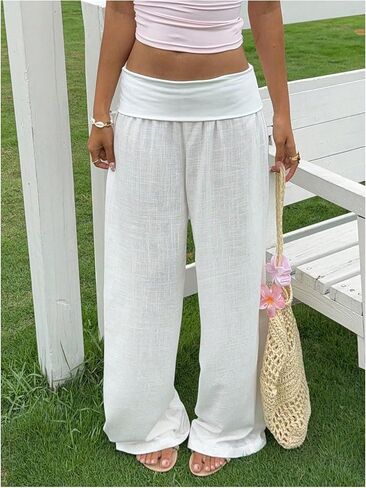 SOLY HUX Women's Wide Leg Pants Elastic Low Rise Baggy Casual Beach Long Trousers in Kuwait
