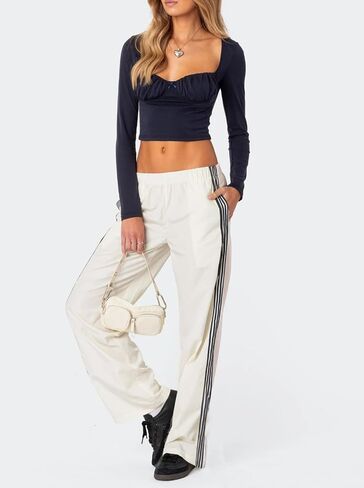 النساء Y2k واسعة الساق السراويل الترنك مرونة الخصر الجانب مخطط فضفاض Sweatpants العصرية فضفاضة تناسب عداء ببطء بالازو بنطلون in Saudi Arabia