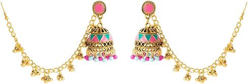 أقراط متدلية على شكل جرس هندي ملون عتيق للنساء بوهو متعدد الألوان Jhumka Jhumki حلق مع سلسلة شعر بوهيمية عرقية المكسيك غجر بوليوود مجوهرات عصرية in Saudi Arabia
