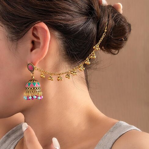 أقراط متدلية على شكل جرس هندي ملون عتيق للنساء بوهو متعدد الألوان Jhumka Jhumki حلق مع سلسلة شعر بوهيمية عرقية المكسيك غجر بوليوود مجوهرات عصرية in Saudi Arabia