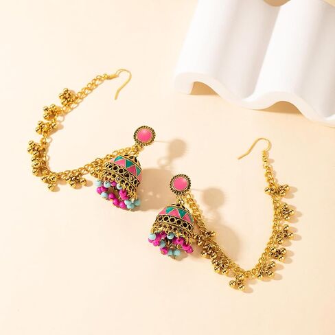 أقراط متدلية على شكل جرس هندي ملون عتيق للنساء بوهو متعدد الألوان Jhumka Jhumki حلق مع سلسلة شعر بوهيمية عرقية المكسيك غجر بوليوود مجوهرات عصرية in Saudi Arabia