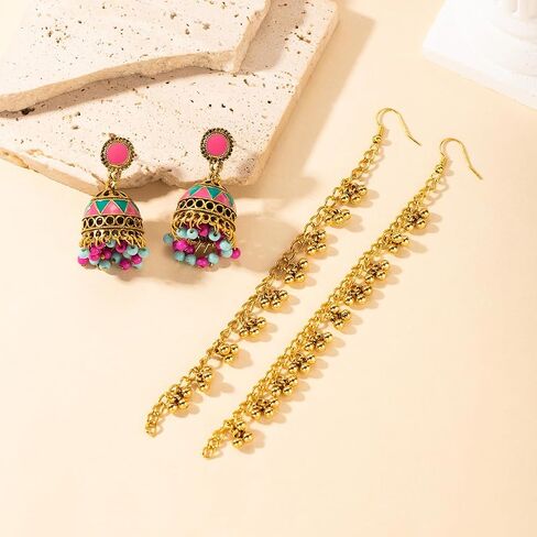 أقراط متدلية على شكل جرس هندي ملون عتيق للنساء بوهو متعدد الألوان Jhumka Jhumki حلق مع سلسلة شعر بوهيمية عرقية المكسيك غجر بوليوود مجوهرات عصرية in Saudi Arabia