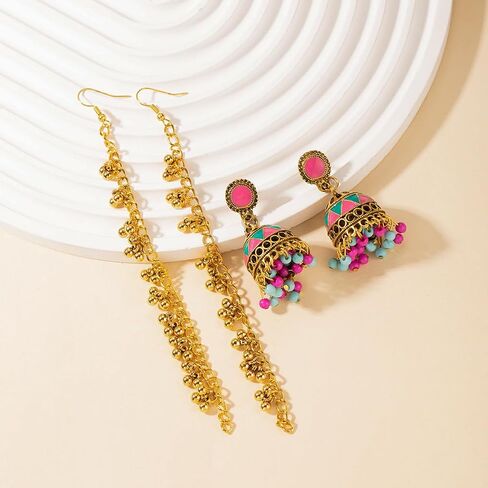 أقراط متدلية على شكل جرس هندي ملون عتيق للنساء بوهو متعدد الألوان Jhumka Jhumki حلق مع سلسلة شعر بوهيمية عرقية المكسيك غجر بوليوود مجوهرات عصرية in Saudi Arabia