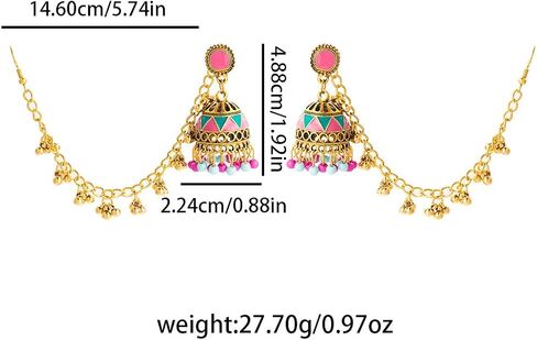 أقراط متدلية على شكل جرس هندي ملون عتيق للنساء بوهو متعدد الألوان Jhumka Jhumki حلق مع سلسلة شعر بوهيمية عرقية المكسيك غجر بوليوود مجوهرات عصرية in Saudi Arabia