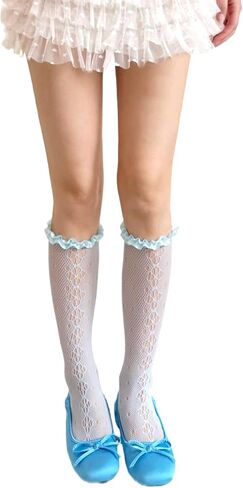 Womens Lace Knee High Stockings Cute Ruffle Mesh Lace Knee High Socks Candy Color Long Calf Fishnet Stocking Socks in Saudi Arabia