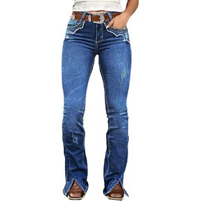 Flamingals Bootcut Mid Rise Jeans for Women Split Ripped Stitch Curvy Western Denim Pants Without Belt in Saudi Arabia