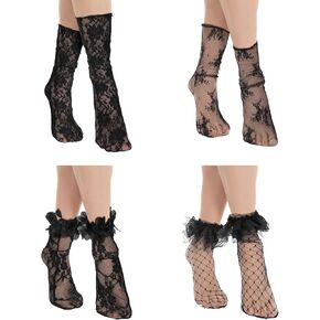 4 Pairs Lace Socks, Fishnet Socks Lace Ankle Sock Ruffle Sheer Mesh Flower Antique High Ankles Lacy Sock for Women Skirt Dress Leather Shoes High Heel Ankle Boots, Black in Saudi Arabia