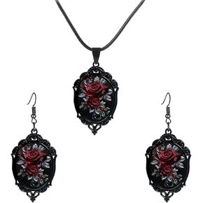 coadipress Gothic Rose Glass Necklace Earrings Set for Women Fashion Vintage Dark Punk Style Roses Pendant Necklace Halloween Party Costume Accessories Charm Jewelry in Saudi Arabia