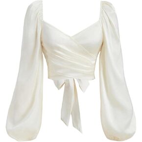 SOLY HUX Women's Lantern Long Sleeve Wrap Ruched Bow Tie Blouse Sweetheart Neck Satin Going Out Crop Tops in Saudi Arabia