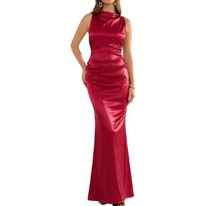 GLNEGE Women's Satin Mock Neck Maxi Formal Dresses Elegant Sleeveless Backless Wedding Guest Evening Party Dress in Kuwait