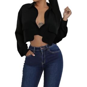 Women's Cropped Button Down Shirts Casual Crop Tops Solid Lapel Blouse in Saudi Arabia