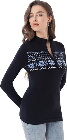 AmélieBoutik Women Fair Isle Quarter Zip Pullover Sweaters Long Sleeve Collared Fitted Knit Tops in Saudi Arabia