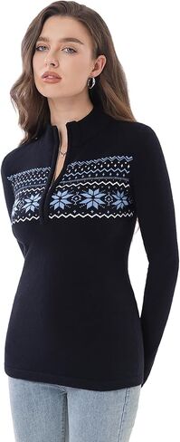 AmélieBoutik Women Fair Isle Quarter Zip Pullover Sweaters Long Sleeve Collared Fitted Knit Tops in Saudi Arabia