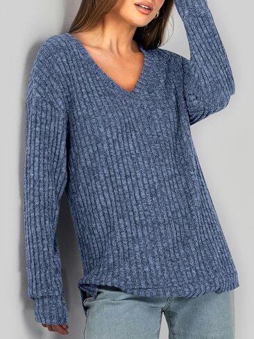 Women's Pullover Sweatshirt Casual Long Sleeve Ribbed Knit Blouse Loose V Neck Sweater Tunic Tops in Saudi Arabia
