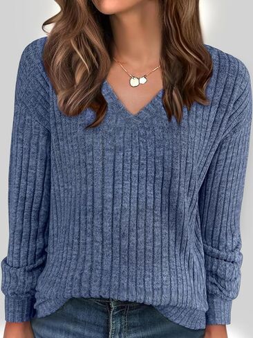 Women's Pullover Sweatshirt Casual Long Sleeve Ribbed Knit Blouse Loose V Neck Sweater Tunic Tops in Saudi Arabia
