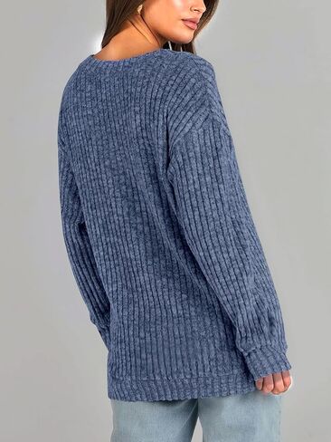 Women's Pullover Sweatshirt Casual Long Sleeve Ribbed Knit Blouse Loose V Neck Sweater Tunic Tops in Saudi Arabia