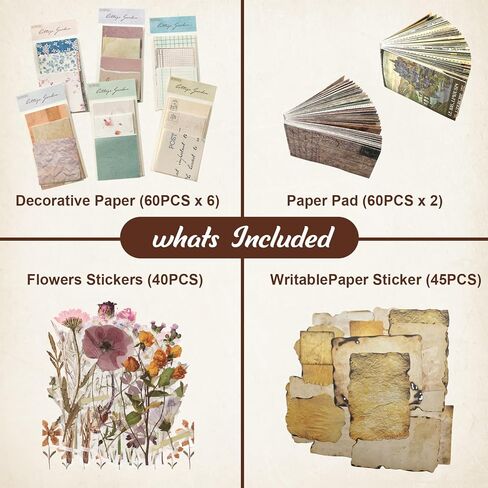 565 PCS Vintage Scrapbook Paper Supplies Kit, Scrapbook Paper Journaling Decorative Craft Paper Set with Flowers Stickers, Variety Collage Design Paper Packs for Journaling, Junk Journal, Retro Crafts in Kuwait