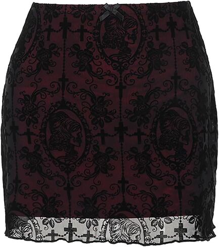 Womens Mesh Bodycon Mini Skirt High Waist Velvet Lace Jacquard Double Layered Y2K Gothic Short Skirt in Kuwait