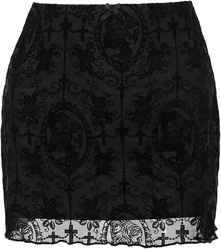 Womens Mesh Bodycon Mini Skirt High Waist Velvet Lace Jacquard Double Layered Y2K Gothic Short Skirt in Saudi Arabia