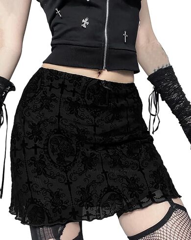 Womens Mesh Bodycon Mini Skirt High Waist Velvet Lace Jacquard Double Layered Y2K Gothic Short Skirt in Saudi Arabia