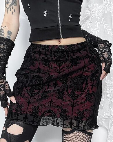 Womens Mesh Bodycon Mini Skirt High Waist Velvet Lace Jacquard Double Layered Y2K Gothic Short Skirt in Kuwait