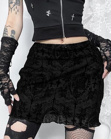 Womens Mesh Bodycon Mini Skirt High Waist Velvet Lace Jacquard Double Layered Y2K Gothic Short Skirt in Saudi Arabia
