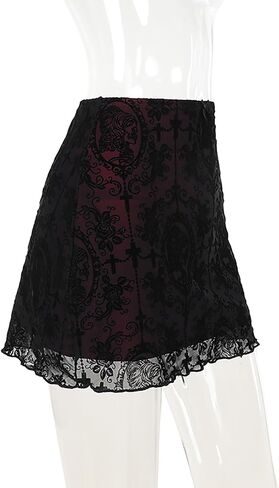 Womens Mesh Bodycon Mini Skirt High Waist Velvet Lace Jacquard Double Layered Y2K Gothic Short Skirt in Kuwait