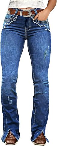 Flamingals Bootcut Mid Waist Split Ripped Stitch Detail Jeans for Women Without Belt in Saudi Arabia