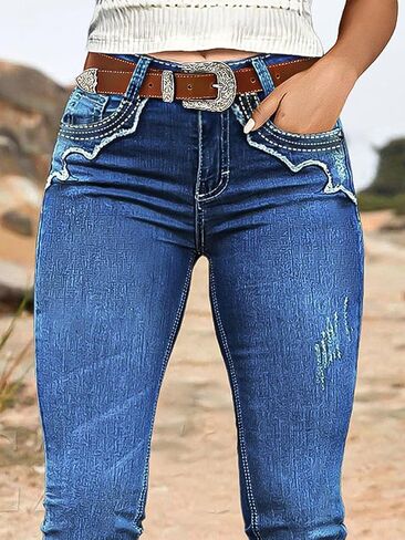 Flamingals Bootcut Mid Waist Split Ripped Stitch Detail Jeans for Women Without Belt in Saudi Arabia