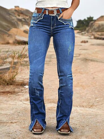 Flamingals Bootcut Mid Waist Split Ripped Stitch Detail Jeans for Women Without Belt in Saudi Arabia