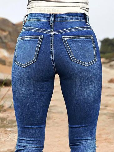 Flamingals Bootcut Mid Waist Split Ripped Stitch Detail Jeans for Women Without Belt in Saudi Arabia