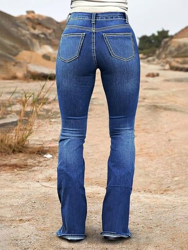 Flamingals Bootcut Mid Waist Split Ripped Stitch Detail Jeans for Women Without Belt in Saudi Arabia