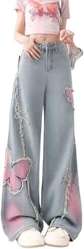 Y2K Baggy Ripped Jeans for Women – Wide Leg Butterfly Print & Star Patch Distressed Denim Pants High Waist Streetwear in Saudi Arabia