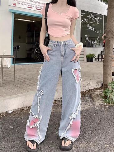 Y2K Baggy Ripped Jeans for Women – Wide Leg Butterfly Print & Star Patch Distressed Denim Pants High Waist Streetwear in Saudi Arabia